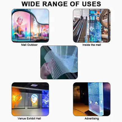 Hohe Transparenz 85% Innenglas Vorhang Wand LED-Display Film 5000nits Helligkeit Ultra-dünn 3,9mm Design Custom Größe