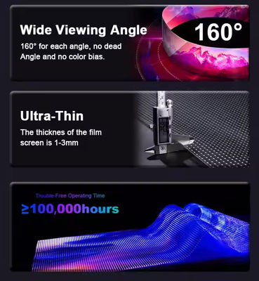 Hohe Transparenz 85% Innenglas Vorhang Wand LED-Display Film 5000nits Helligkeit Ultra-dünn 3,9mm Design Custom Größe