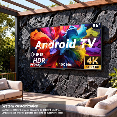 Outdoor TV IP55/IP66 Wasserdicht | 4K Google TV 1500-3000nits Helligkeit Kommerzielles Display für Werbung