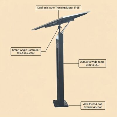 Solar-Tracking Digital Signage Totem mit doppelsachsiger automatischer Sonnenverfolgung 2000 Nits Hochhelligkeitsbildschirm und IP65-Schutz