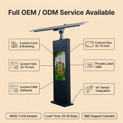 Solar-Tracking Digital Signage Totem mit doppelsachsiger automatischer Sonnenverfolgung 2000 Nits Hochhelligkeitsbildschirm und IP65-Schutz