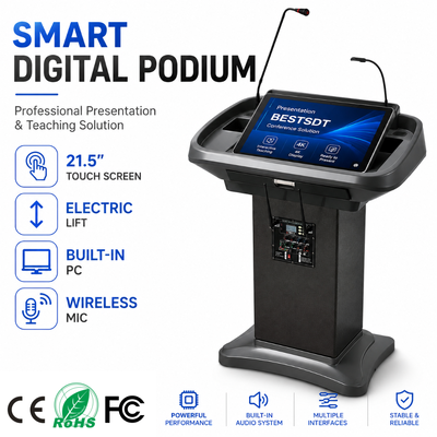 Smart Digital Podium Motorisierter Aufzug 21,5 Zoll Kapazitives Touch Display Integrierter Lautsprecher Drahtloses Mikrofon Lectern