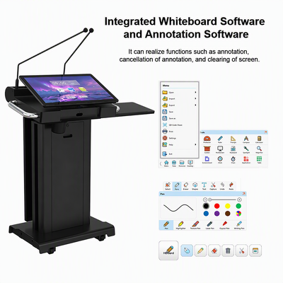 Schwarzes digitales Rednerpult, 730 x 500 x 1050 mm, elektrischer Lift, 200 mm Metallpodest mit HDMI-USB-XLR-Schnittstelle