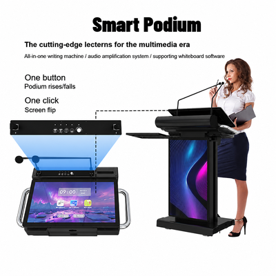 Schwarzes intelligentes digitales Podium, 23,6-Zoll-Touchscreen-Rednerpult, 32-Zoll-Beschilderung, elektrischer Aufzug für Kirchenschulkonferenzen