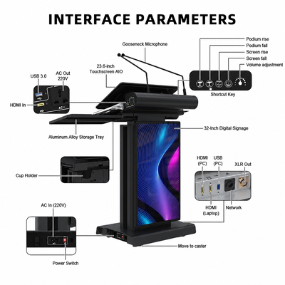 Schwarzes intelligentes digitales Podium, 23,6-Zoll-Touchscreen-Rednerpult, 32-Zoll-Beschilderung, elektrischer Aufzug für Kirchenschulkonferenzen