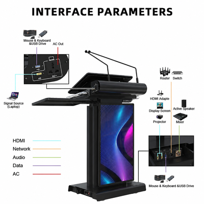 Schwarzes intelligentes digitales Podium, 23,6-Zoll-Touchscreen-Rednerpult, 32-Zoll-Beschilderung, elektrischer Aufzug für Kirchenschulkonferenzen
