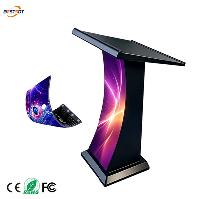 Hohe Helligkeit, 450–650 nit GOB, gebogenes LED-Rednerpult-Display, 3840 Hz, 12–16 Bit Graustufen, kabellose intelligente Steuerung