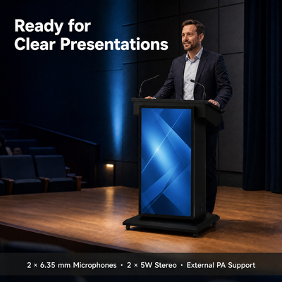 Dual-Screen Smart Podium HDMI-Eingang USB Multi-Screen-Display 2 Schwanenhalsmikrofone PA-Unterstützung